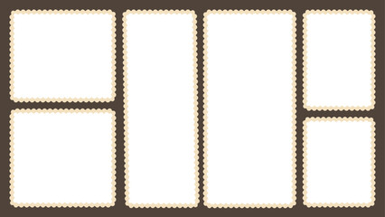 Scallop edged frame template set. Bento box rectangle borders shapes. Geometry modular moodboard with perforation. Lace frill pack. Trendy blocks blank layout. Vector flat illustration.