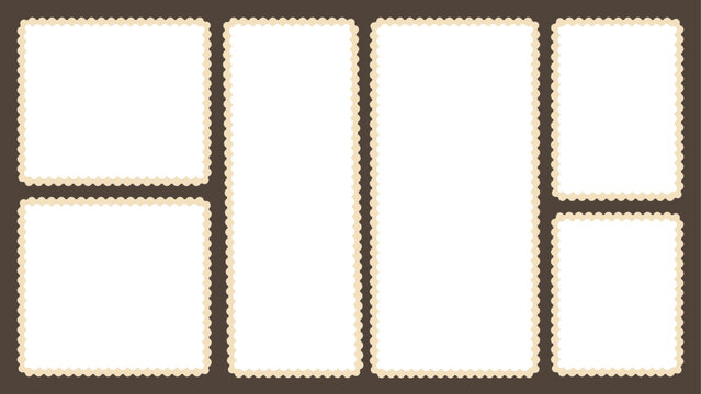 Scallop edged frame template set. Bento box rectangle borders shapes. Geometry modular moodboard with perforation. Lace frill pack. Trendy blocks blank layout. Vector flat illustration.
