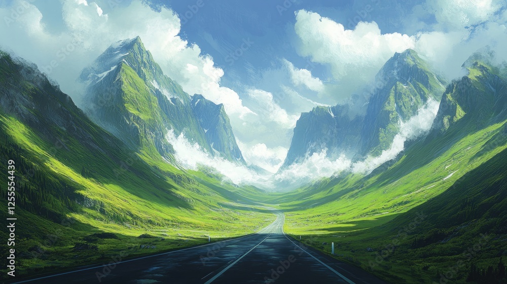 Poster a long stretch of empty highway framed by towering green peaks, with small patches of mist clinging 
