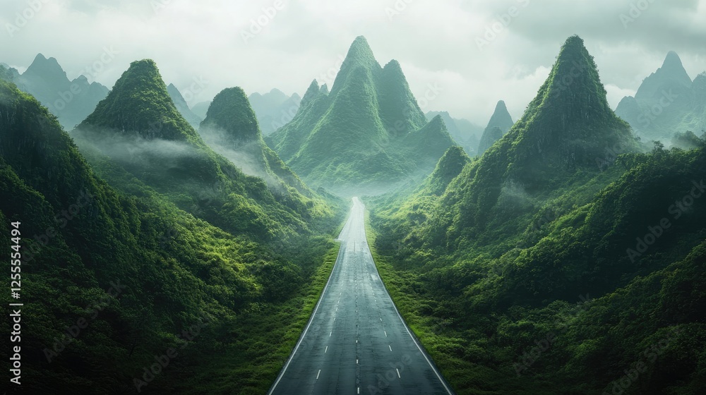 Poster a long stretch of empty highway framed by towering green peaks, with small patches of mist clinging 