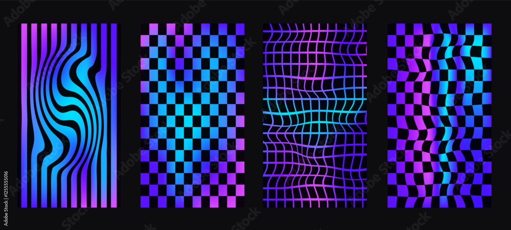 Poster checkerboard neon background set. psychedelic checker gradient posters templates. surreal chessboard