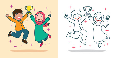 a Muslim boy and girl jumping happy while holding a trophy for a design element or coloring book element