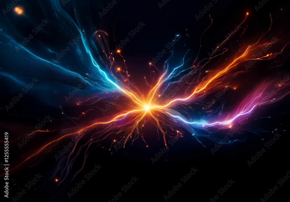 Aufkleber Vibrant streams of orange, blue, and purple energy burst from a central point against a dark backdrop, creating an abstract and dynamic display.