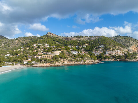 Aerial view of the coastline in Capdepera, Mallorca, featuring Cuevas de Arta and Platja de Canyamel.