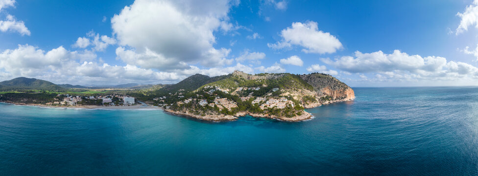 Aerial view of the coastline in Capdepera, Mallorca, featuring Cuevas de Arta and Platja de Canyamel in the Balearic Islands, Spain