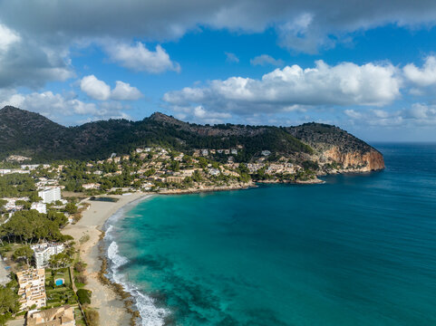 Aerial view of the coastline in Capdepera, Mallorca, featuring Cuevas de Arta and Platja de Canyamel.