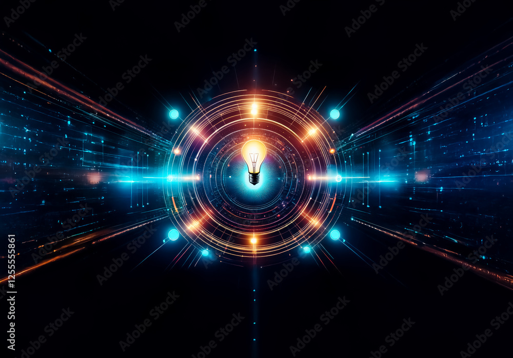 Poster Abstract concept of a bright idea visualized with a glowing light bulb center, surrounded by radiating digital energy and circular neon light effects against a dark backdrop.
