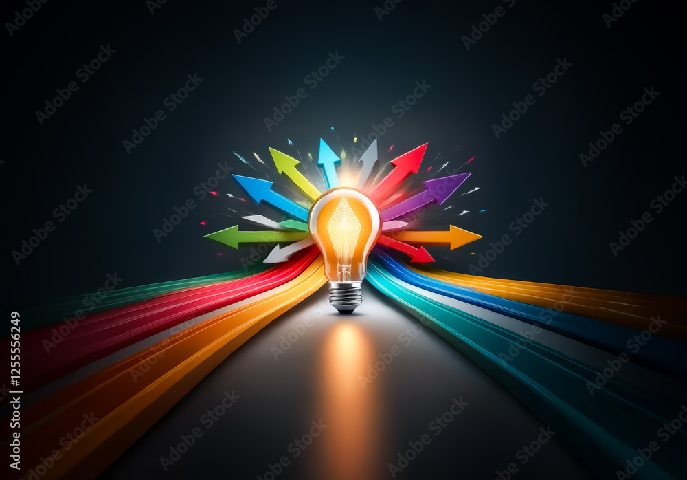 Poster a bright light bulb radiates with colorful arrows pointing in various directions, symbolizing ideas,