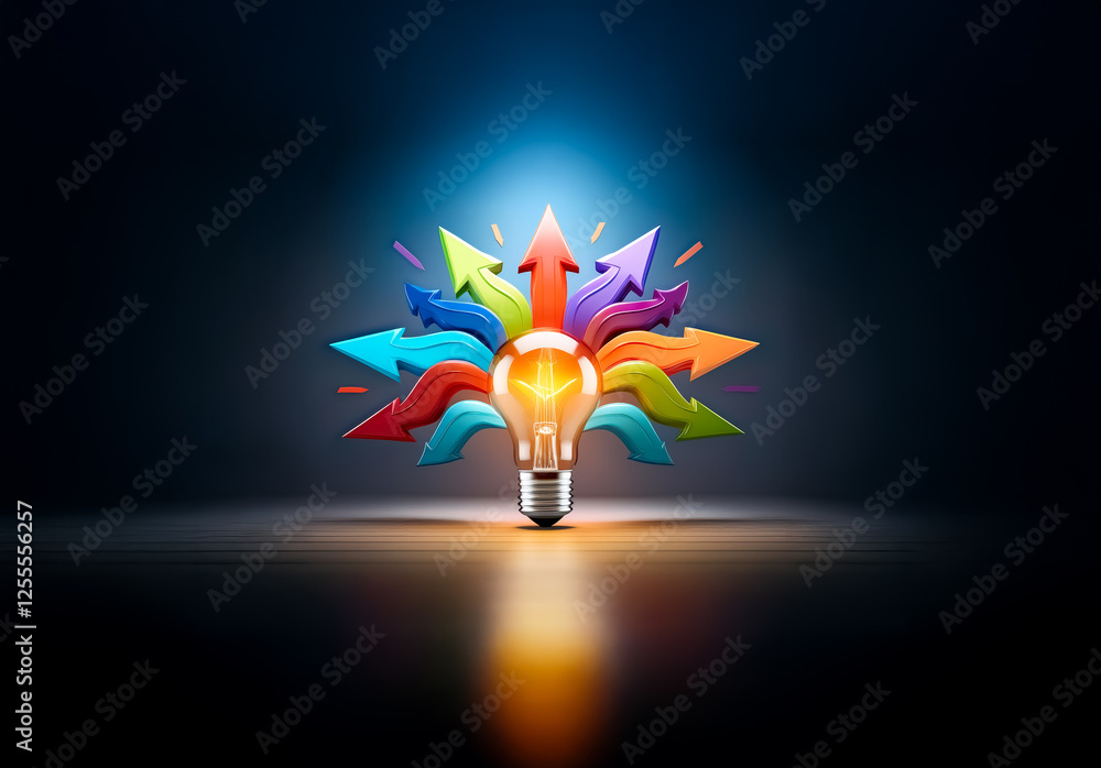 Aufkleber glowing lightbulb with colorful arrows radiate out. symbolizes ideas, creativity, direction and dive