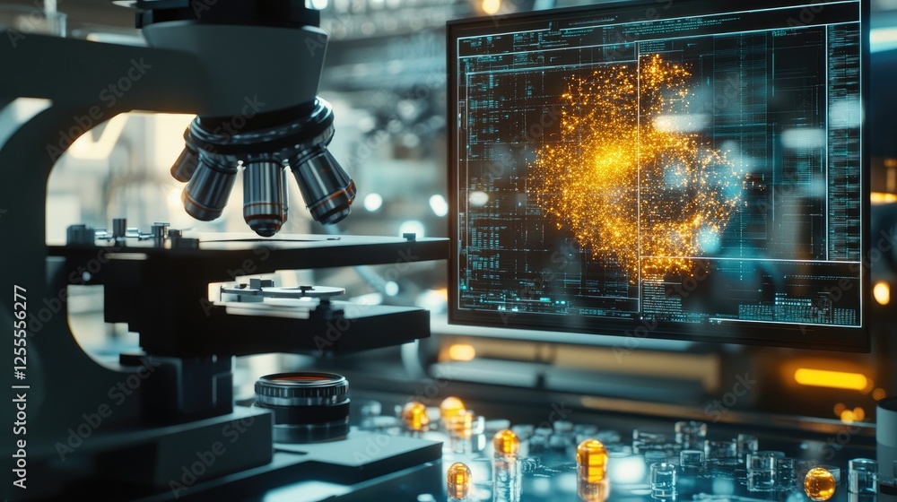 Poster A microscope focused on nanotech samples, with intricate molecular structures displayed on digital monitors in a sterile and high-tech lab