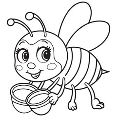 Coloring page outline of cartoon smiling cute little bee with cups. Colorful vector illustration, winters coloring book for kids.