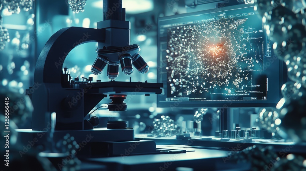 Poster A microscope focused on nanotech samples, with intricate molecular structures displayed on digital monitors in a sterile and high-tech lab