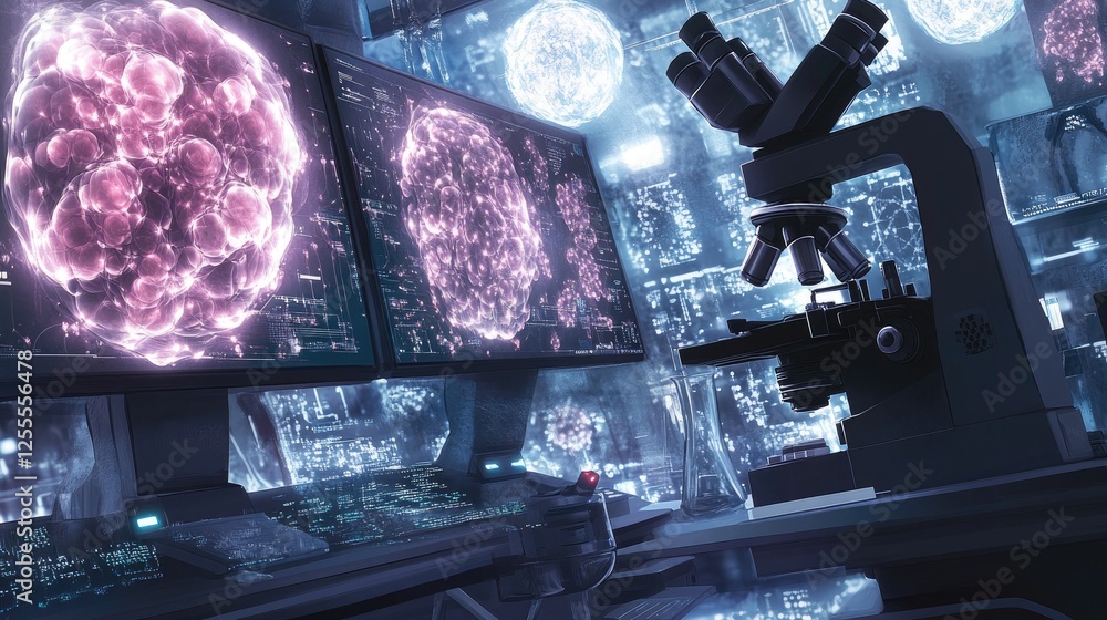 Poster A microscope focused on nanotech samples, with intricate molecular structures displayed on digital monitors in a sterile and high-tech lab