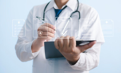 Planning and quality management concepts including assurance and ISO standards. Medical staff are completing a business operation document checklist.