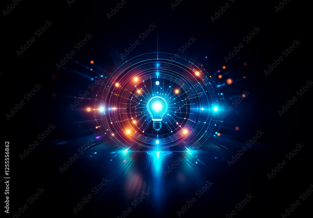 Aufkleber Illuminated light bulb at center with radiating concentric circles and vibrant lights on a black background, conveying innovation and technological advancement.