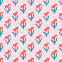 Flowers crayon drawn seamless pattern. Floral allover background. Damask botanic repeat backdrop. Surface pattern design spring ogee motif. Vector hand drawn illustration.