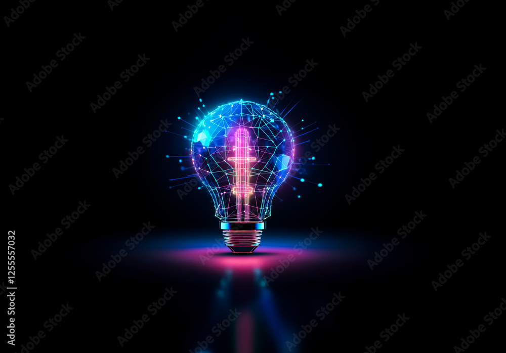 Poster Illuminated light bulb with glowing lines and dots on a dark background. A vibrant, abstract representation of an idea or innovation, brightly shining.