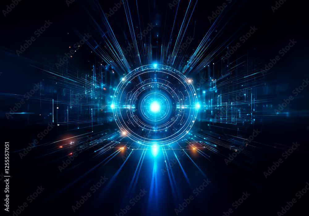 Aufkleber Futuristic technology bursts with blue and orange light from a central glowing circle, creating a dynamic digital and energetic abstract scene.