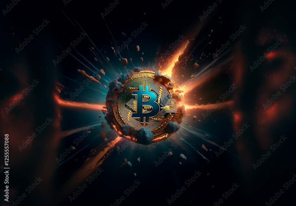 Poster a digital currency sphere with a bitcoin symbol is surrounded by cosmic debris and glowing energy ra