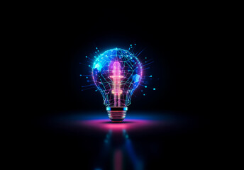 Illuminated light bulb with glowing lines and dots on a dark background. A vibrant, abstract representation of an idea or innovation, brightly shining.