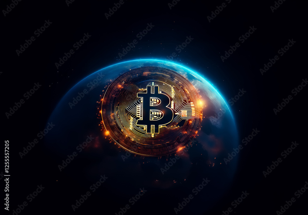 Poster a digital currency symbol appears within a glowing globe against a dark cosmic backdrop, suggesting 