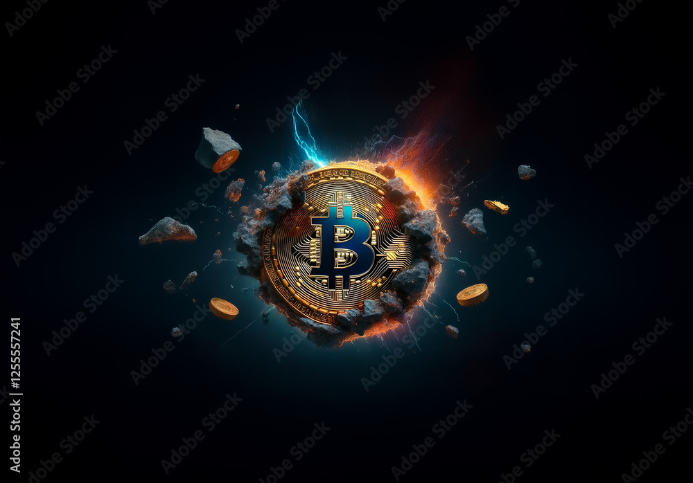 Poster A digital bitcoin symbol is centered on a sphere with glowing edges and rocky debris. Energy sparks and golden coins float around it against a dark backdrop.