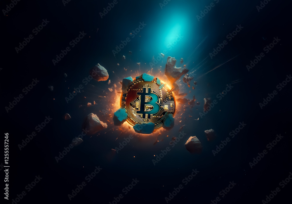 Poster Golden bitcoin symbol exploding with scattered rocks and bright light in a dark cosmic space environment.