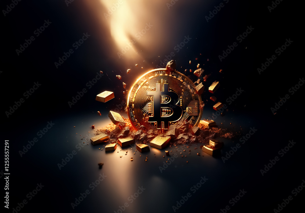 Poster A golden coin appears to be shattering into fragments on a dark surface, illuminated by a bright, warm light.  The pieces scatter dramatically creating a sense of impact and destruction.