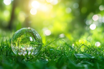 Crystal Ball Reflecting a Forest in Green Grass, Representing Environmental Conservation, Nature, and Sustainability