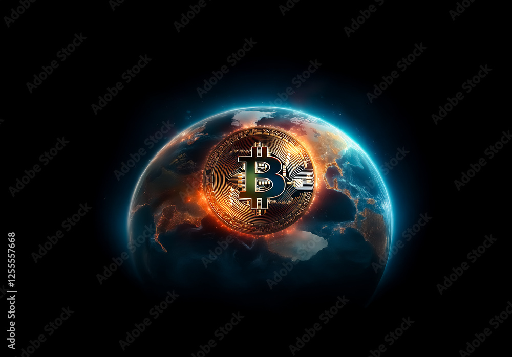 Poster a digital currency symbol is positioned on a globe, radiating a vibrant glow against a dark backdrop