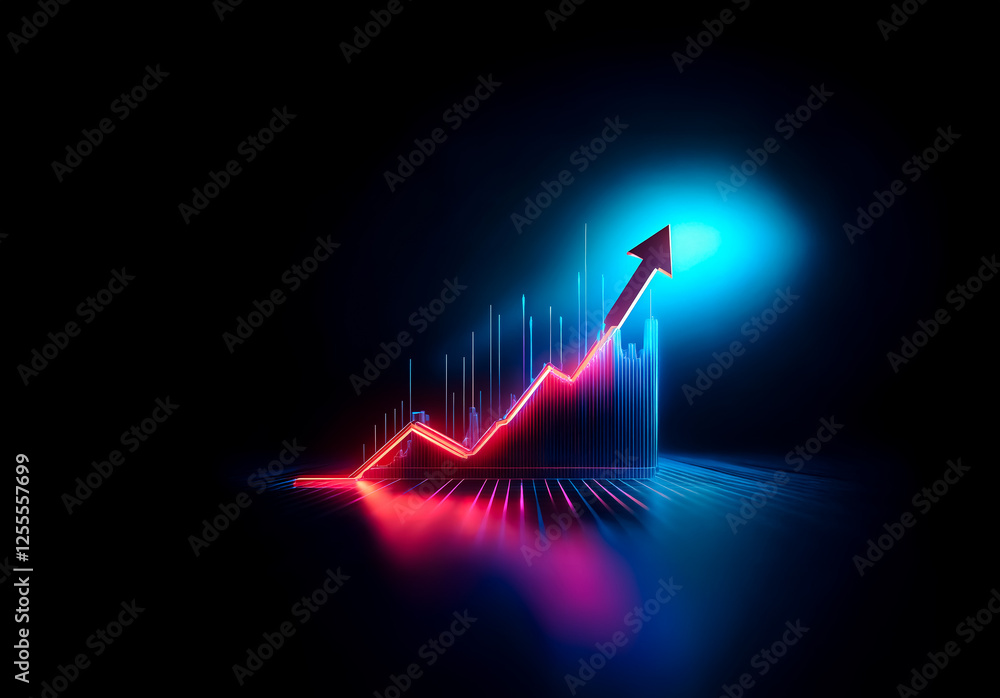 Poster Vibrant red arrow dynamically ascends against a dark background illuminated with blue and purple light, representing positive growth and progress.
