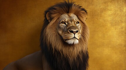 Fototapeta premium Majestic lion portrait on a rich golden solid background