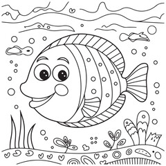 Coloring page outline of cartoon smiling fish. Colorful vector illustration, summer coloring book for kids.