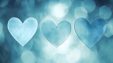 Three hearts on a blue background with a defocused abstract blue heart design