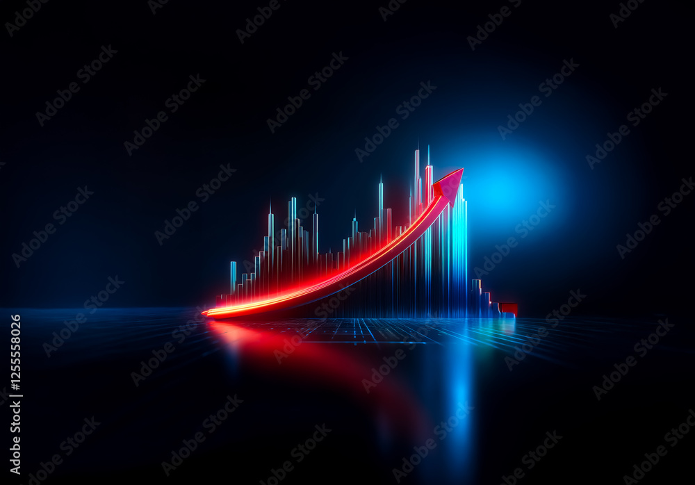 Poster Vibrant red arrow ascends over a glowing blue bar chart in a dark digital space, embodying progress with a futuristic and neon aesthetic.