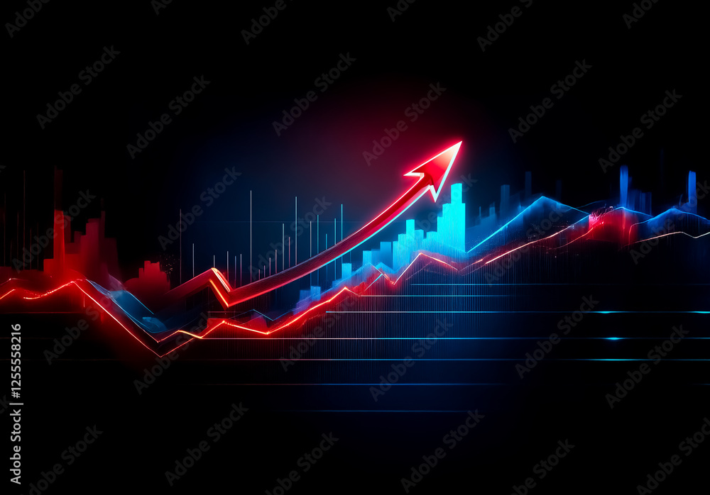 Poster a vibrant red arrow ascends against a dark backdrop, charting an upward trend on a dynamic blue and 