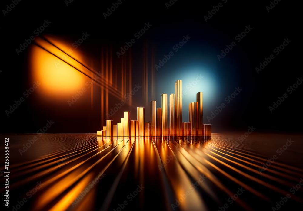 Poster golden bars form a rising graph, reflecting light on a dark surface. spotlights illuminate the scene