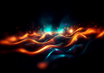 Obraz premium Abstract image of flowing, luminous waves in vibrant orange and blue hues against a dark backdrop, creating a dynamic and ethereal effect.