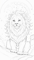 Obraz premium Majestic lion, serenely seated amidst a celestial backdrop of swirling clouds and stars, exuding an air of regal calm and quiet power. Line art, fantasy illustration.