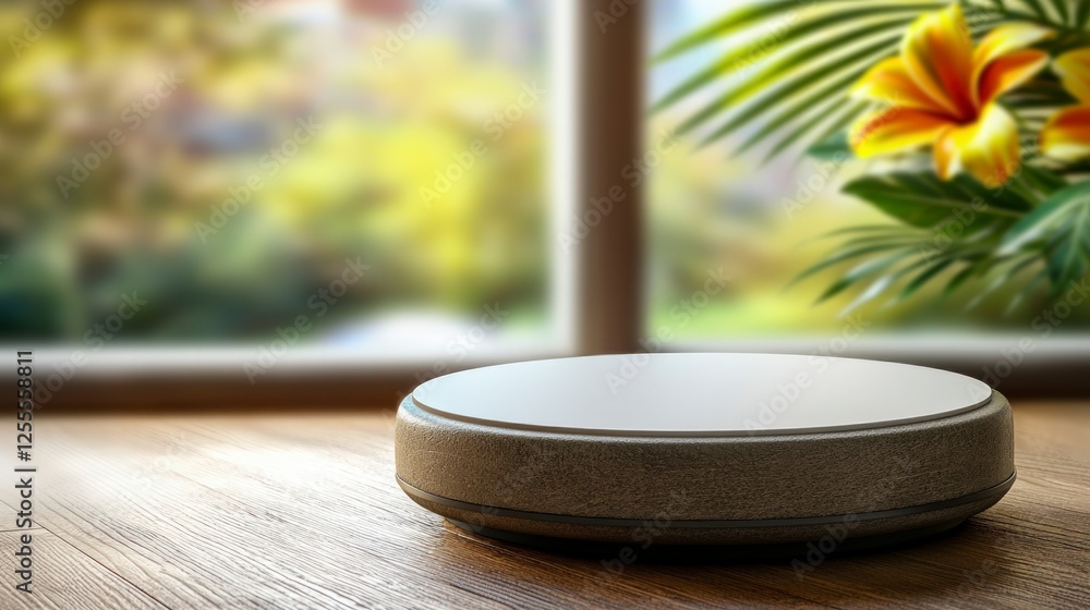 Poster round stone product display on wooden table with blurred window background