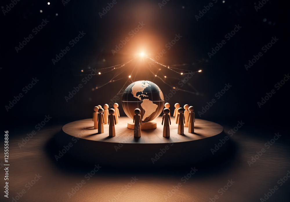 Fototapete wooden figures stand in a circle on a stage, surrounding a glowing globe. bright light shines from a