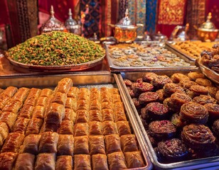 Obraz premium Delicious baklava and turkish delight displayed on trays in turkish bazaar