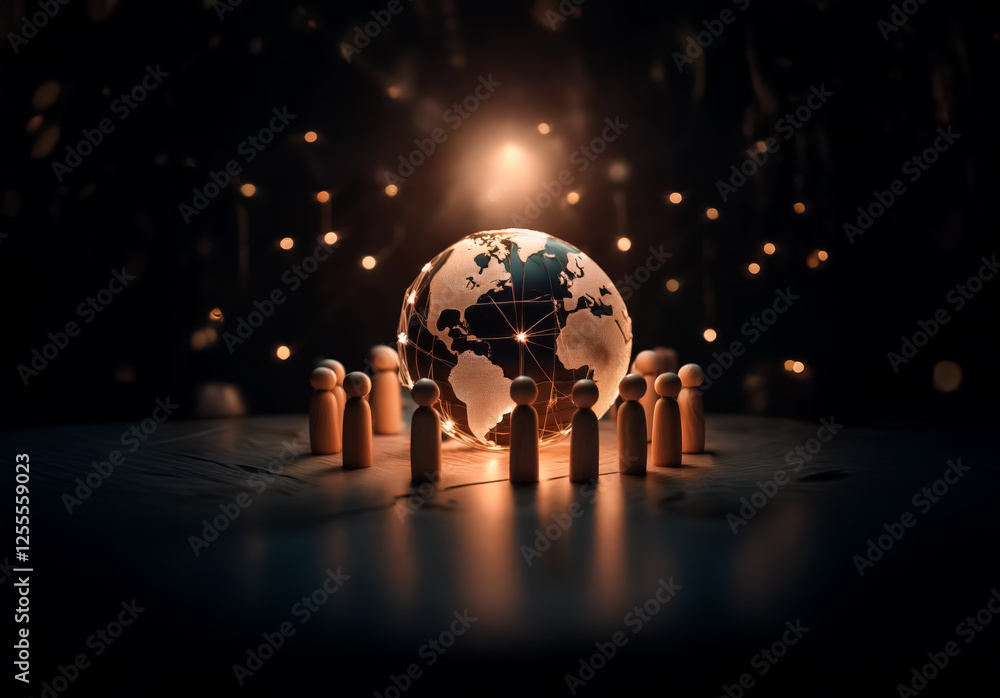 Poster Wooden figures surround a glowing globe in a dark, bokeh-lit setting, symbolizing global connection and unity in a digital world.
