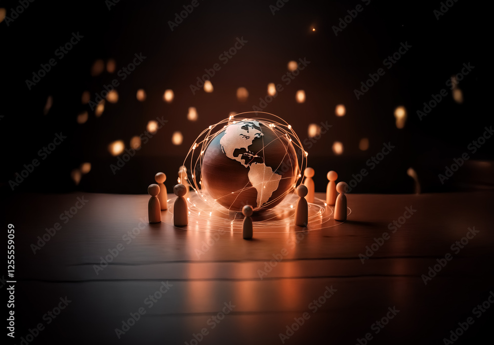 Aufkleber Wooden figures surround a glowing globe, symbolizing global connection and unity. Lights illuminate the scene, enhancing the feeling of community and worldwide network.