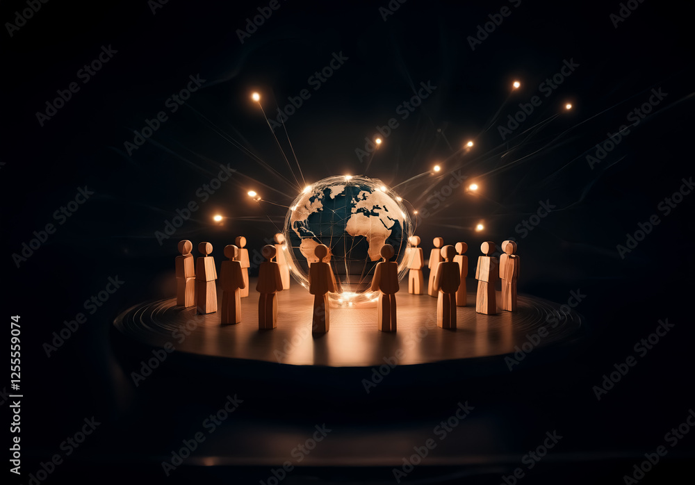 Poster a group of abstract figures encircles a glowing earth globe on a round platform. light rays emanate 