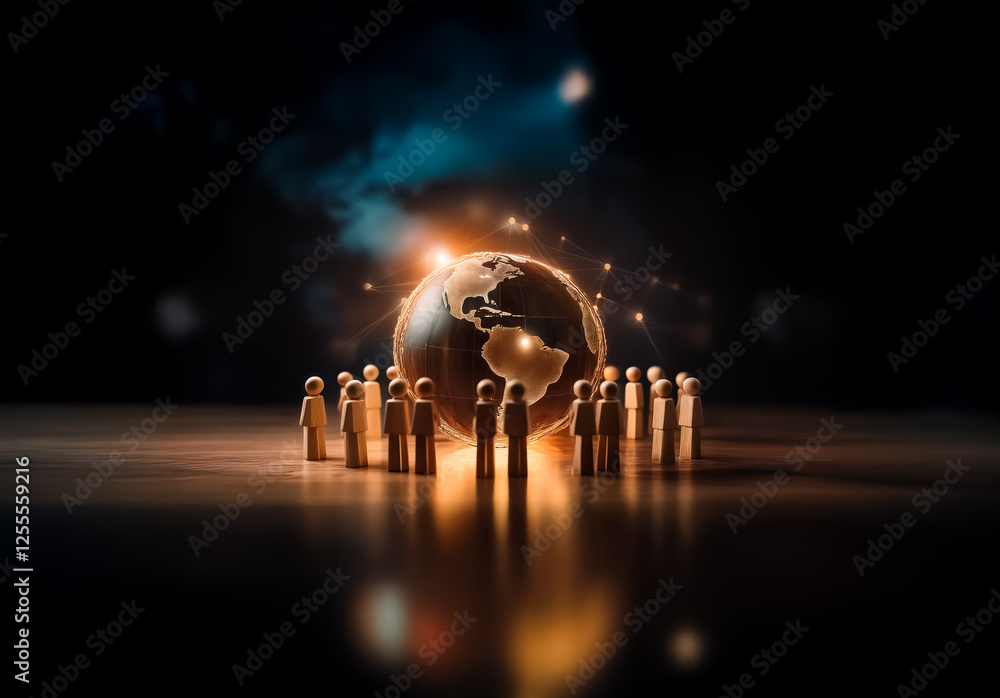 Poster a group of figures encircles a glowing globe, representing worldwide connection and unity in a dimly