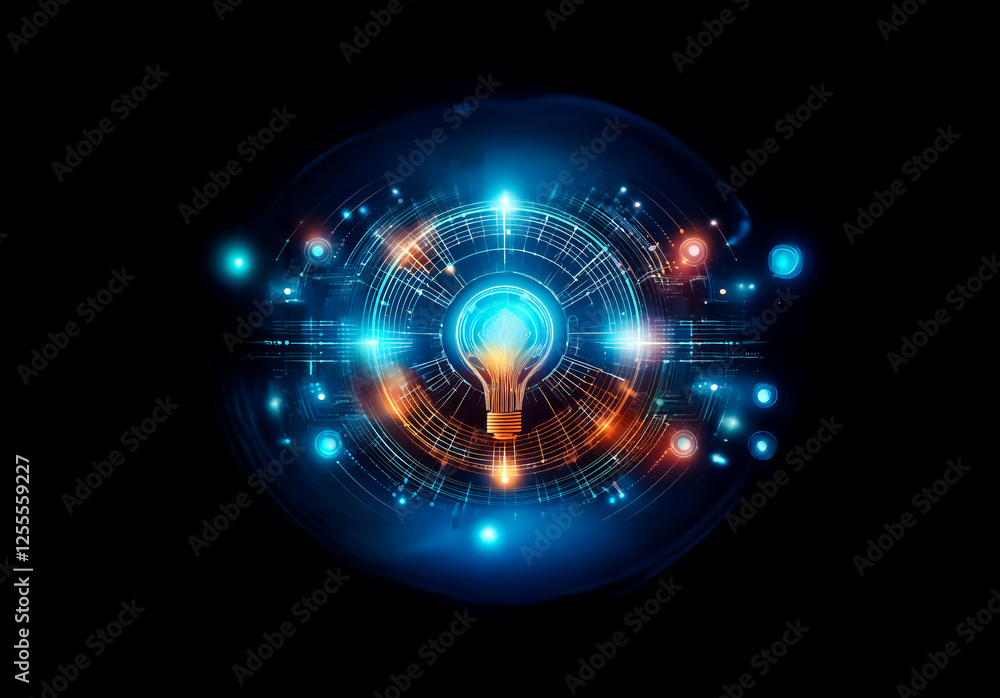 Poster a stylized lightbulb radiates bright blue and orange energy, surrounded by digital circuit-like elem