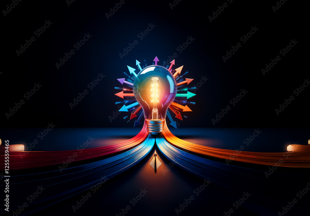 Poster a glowing lightbulb stands prominently, symbolizing a bright idea, surrounded by vibrant arrows indi