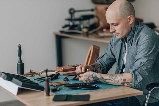 Businessman making leather goods in workshop