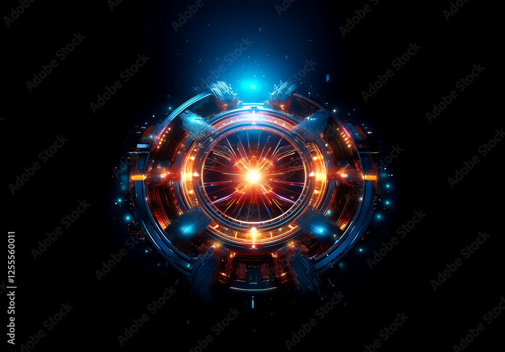 Poster futuristic glowing orb with intricate metallic details. blue and orange lights emanate from the circ